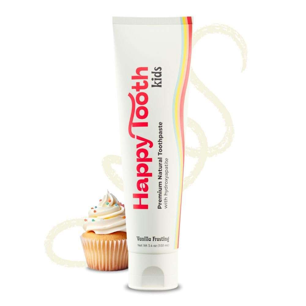 Happy Tooth Hydroxyapatite Toothpaste, Fluoride Free, Natural Whitening for Kids, Toddlers and Adults, SLS Free, Enamel Safe, Dentist Formulated with Clean Ingredients, Vanilla Frosting Flavor, 3.4oz - Image 1