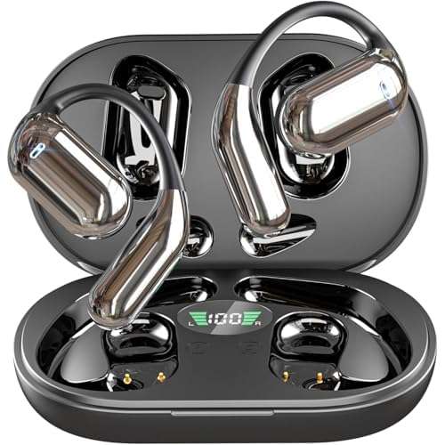 Open Ear Bone Conduction Bluetooth 5.4 Headphones,Wireless Earbuds Built-in Mic Sport Over Earphones with Comfort Ear Hooks LED Display Charging Case,Waterproof IPX7 Headset for Running Fitness,Black1 - Image 1