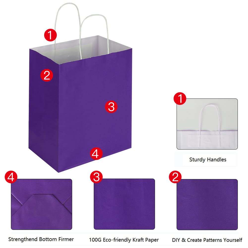 Oikss 100 Pack 8x4.75x10 Inch Medium Purple Kraft Paper Bags with Handles Bulk for Birthday Wedding Party Favors Grocery Retail Shopping Business Takeout Goody Craft Gift Bags Sacks, (100pcs Count) - Image 3