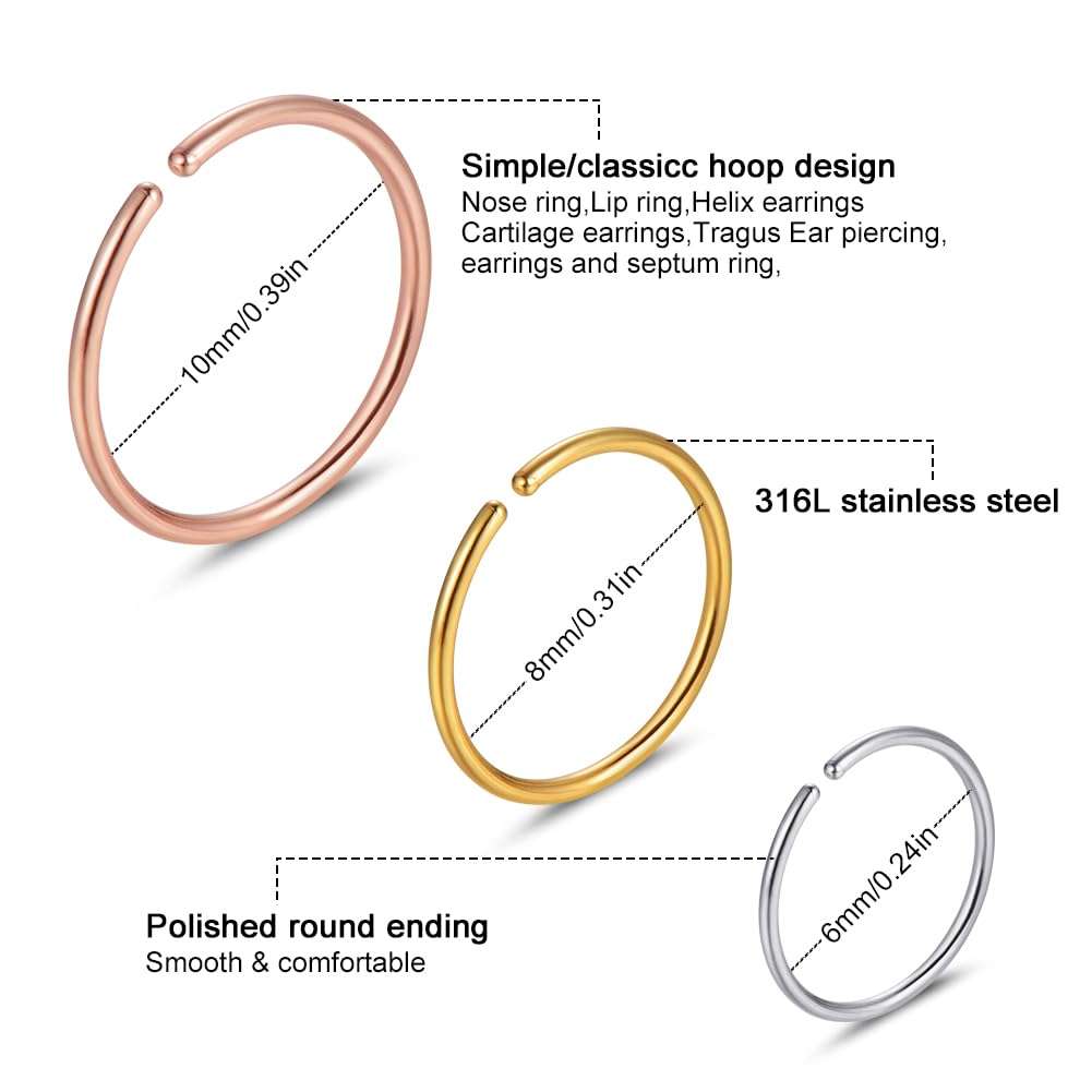 Xanowan Stainless Steel Hoop Nose Ring Cartilage Ring Set 6 Color Set for Men and Women - Image 2