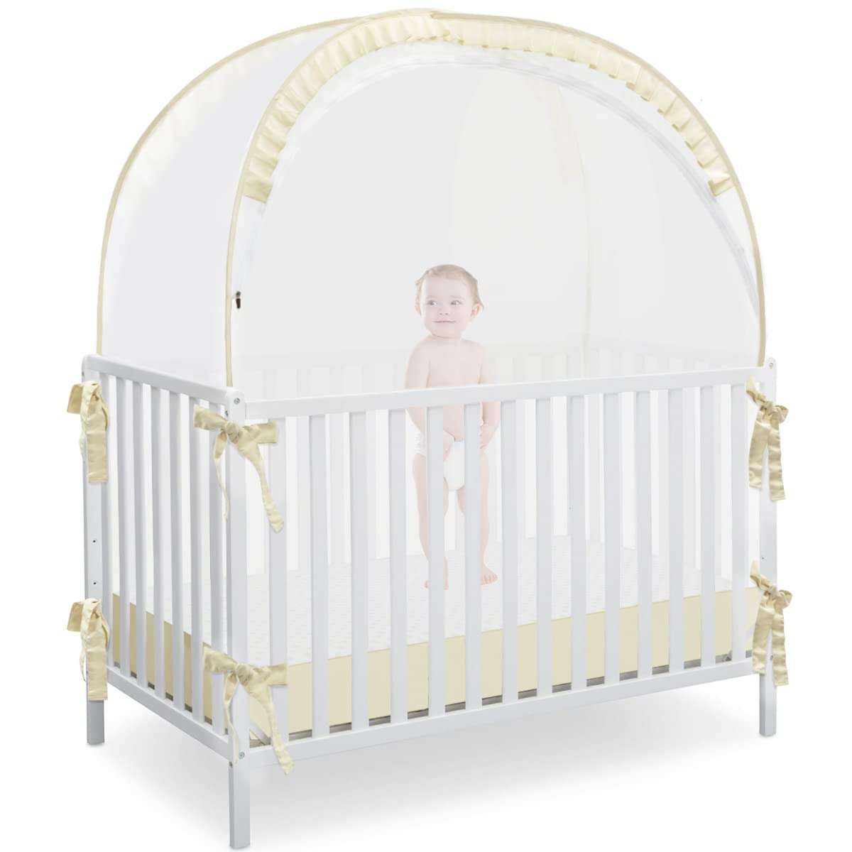 L RUNNZER Baby Safety Crib Tent, Pop Up Canopy for Crib to Stop Baby from Climbing Out, Infant Mesh Cover Mosquito Net with Sturdy Frame & Soft Mesh, Beige, (R07-beige) - Image 1