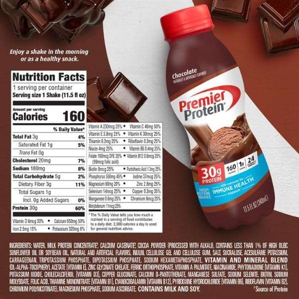 Premier Protein Shake, Chocolate, 30g Protein 1g Sugar 24 Vitamins Minerals Nutrients to Support Immune Health, 11.5 fl oz (Pack of 12) - Image 2