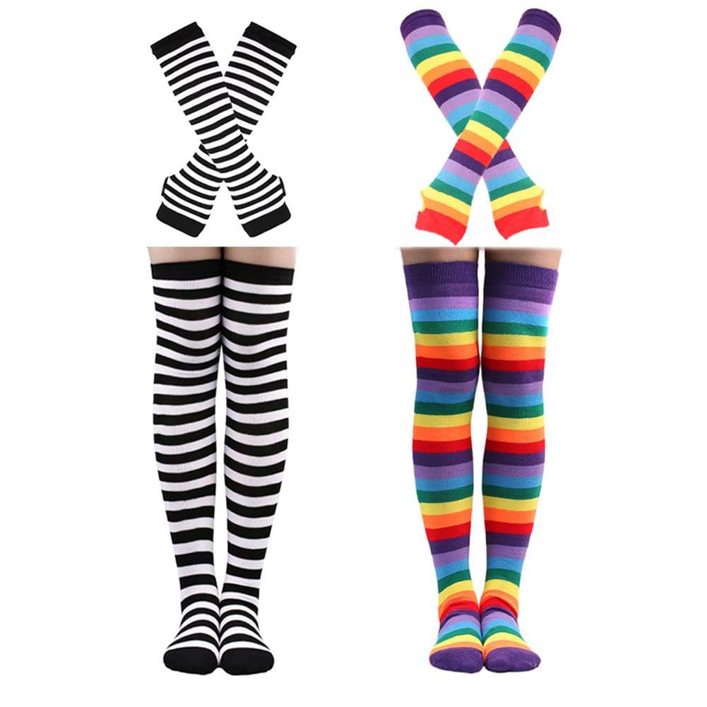 Barrlves 2/4 Sets Womens Striped Knee High Socks Long Knitted Arm Warmers Fingerless Gloves for Halloween Costume - Image 1