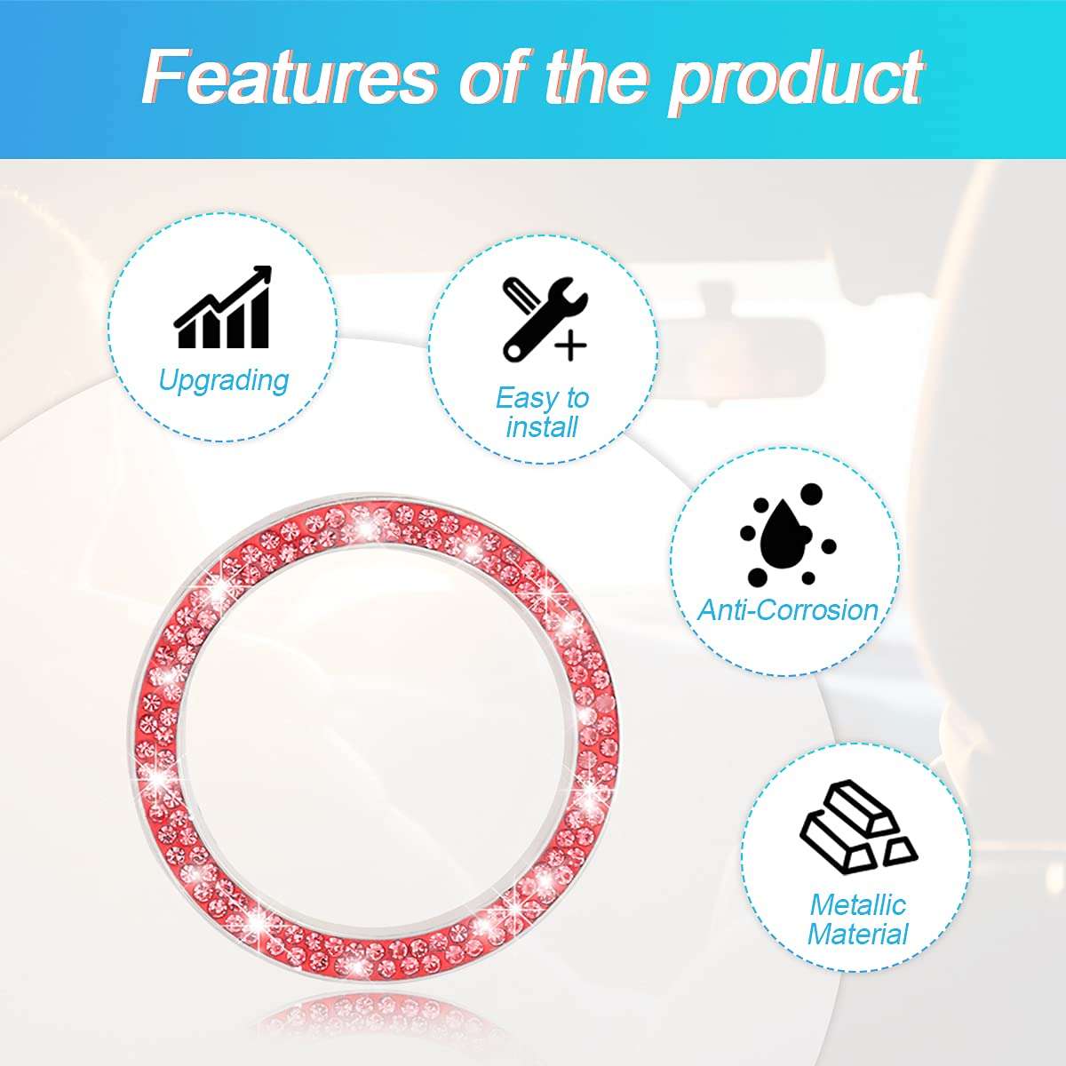 Car Bling Crystal Rhinestone Engine Start Ring Decals, 2 Pack Car Push Start Button Cover/Sticker, Key Ignition Knob Bling Ring, Sparkling Car Interior Accessories for Women (Double Red) - Image 3