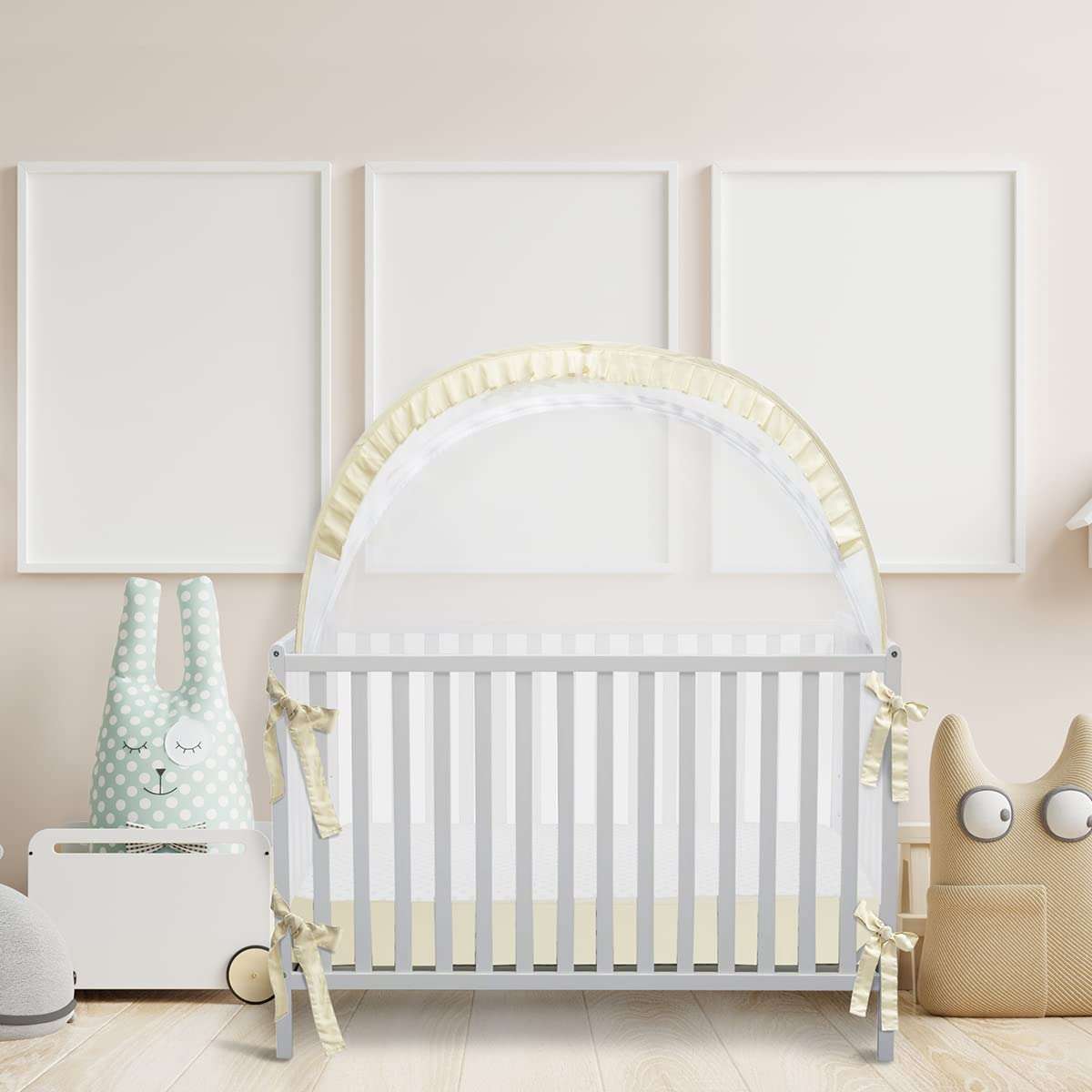 L RUNNZER Baby Safety Crib Tent, Pop Up Canopy for Crib to Stop Baby from Climbing Out, Infant Mesh Cover Mosquito Net with Sturdy Frame & Soft Mesh, Beige, (R07-beige) - Image 2