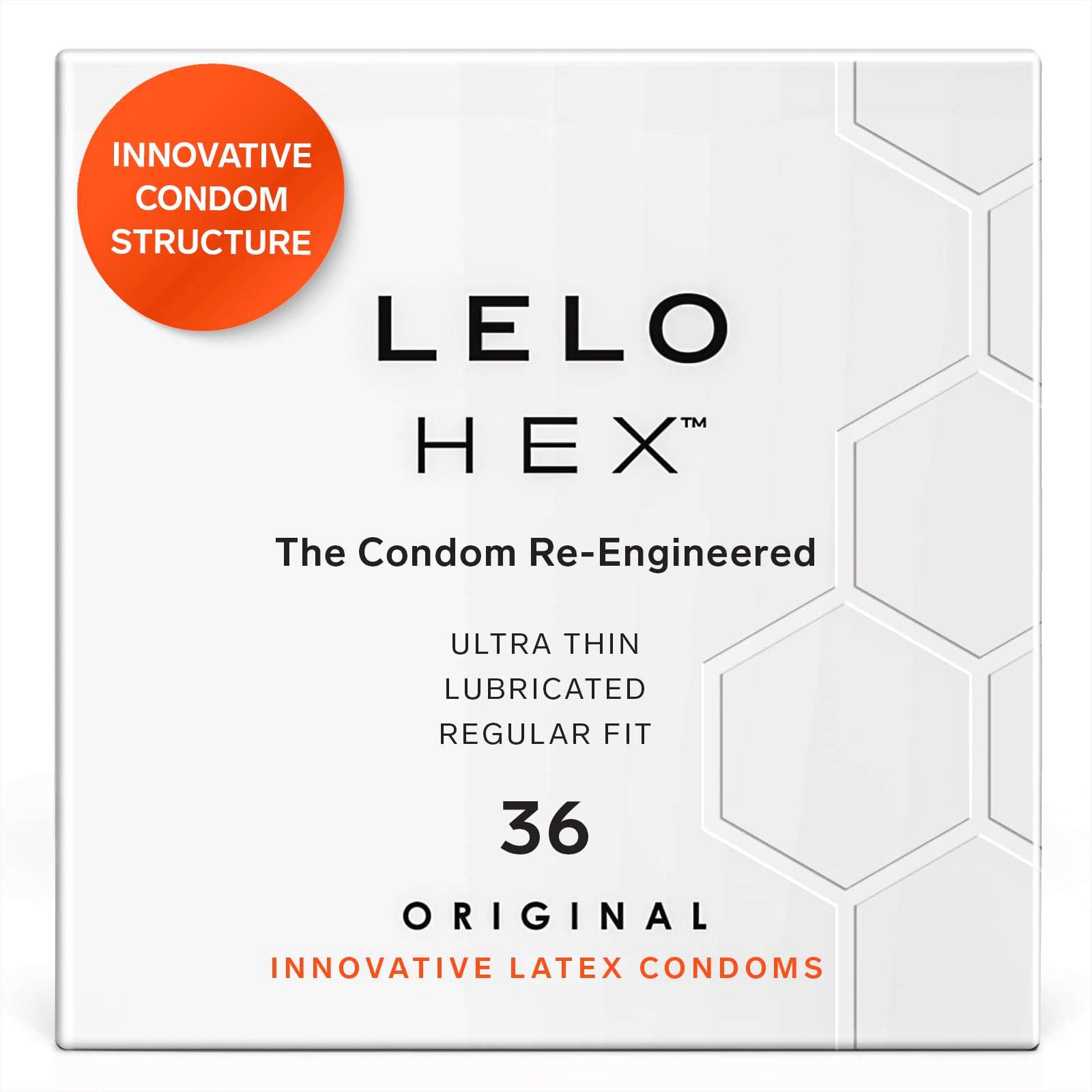 LELO HEX Original Ultra Thin Condoms with Increased Strength, Male Condom, Lubricated Condoms for Men, 2.12-Inch/54 mm Diameter (36 Pack) - Image 1