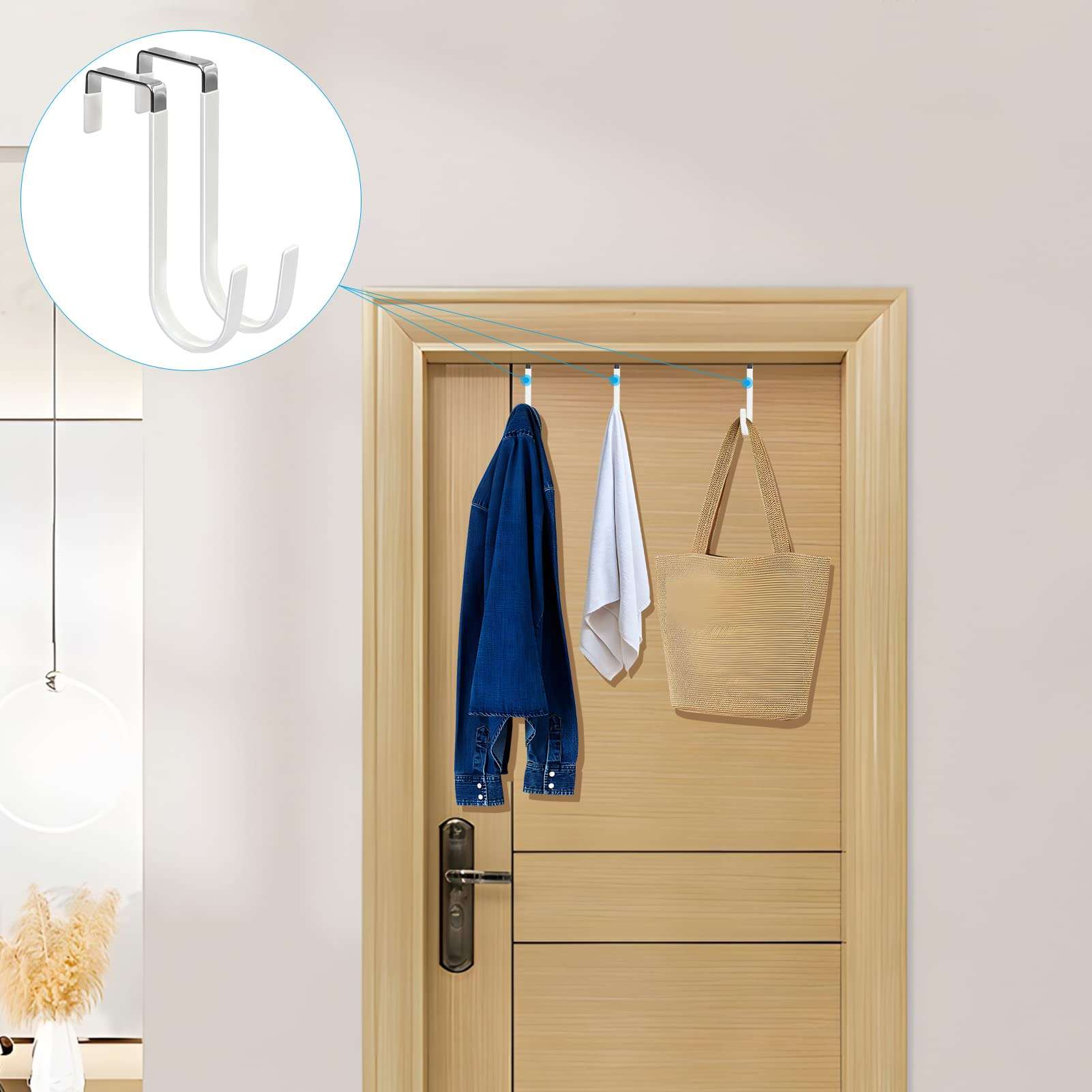 FYY Over The Door Hooks, 4 Pack Hangers Hooks with Rubber Prevent Scratches Heavy Duty Organizer for Living Room, Bathroom, Bedroom, Kitchen Hanging Clothes, Towels, Hats, Coats, Bags White - Image 6