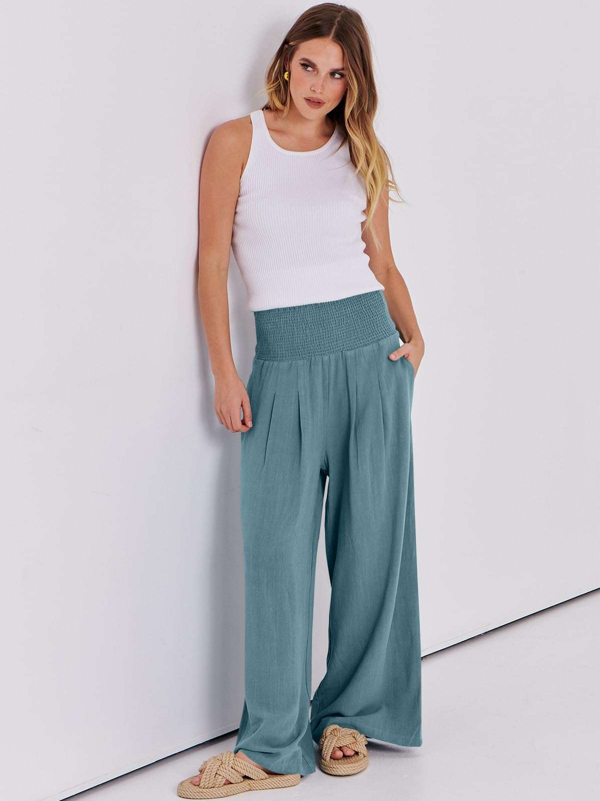 ANRABESS Women Linen Palazzo Pants Summer Boho Wide Leg High Waist Casual Lounge Pant 2025 Beach Travel Vacation Outfits - Image 6