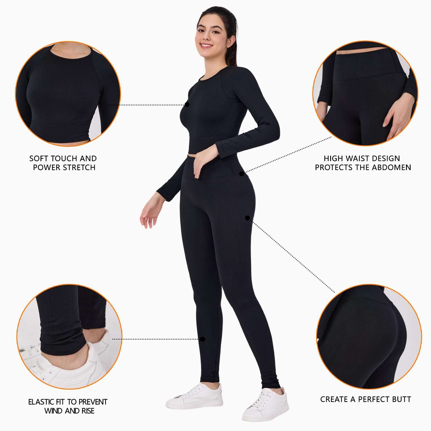 LILISEN Women's Long Sleeve Workout Set - Leggings Sets Women 2 Piece Outfits - Workout Set Long Sleeve - Image 2