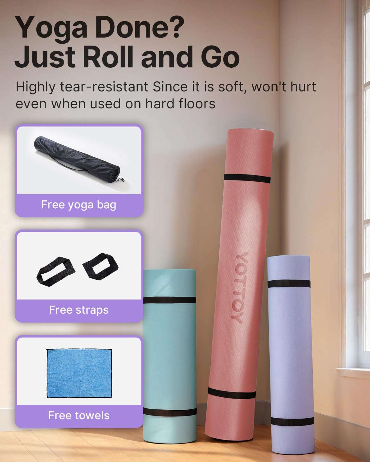 YOTTOY Large Yoga Mat (75 * 52 * 1/2inch),Extra Wide TPE Exercise Mat,Non-Slip Workout Mat for Pilates, Fitness, Barefoot, Home Gym Studio with Strap and Towel - Image 6