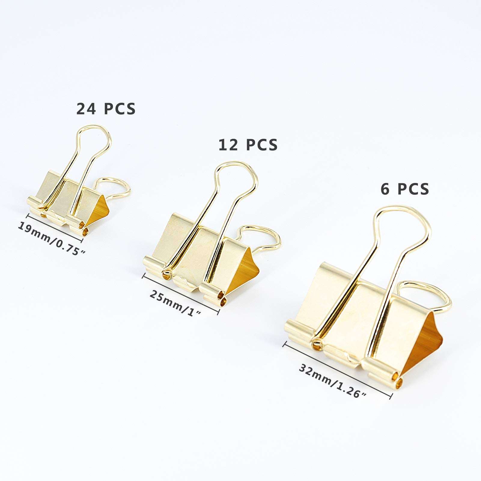 Gold Binder Clips Paper Clamps, Assorted Sizes Set (Small, Medium, Large) for Office School and Home Supplies - Image 3