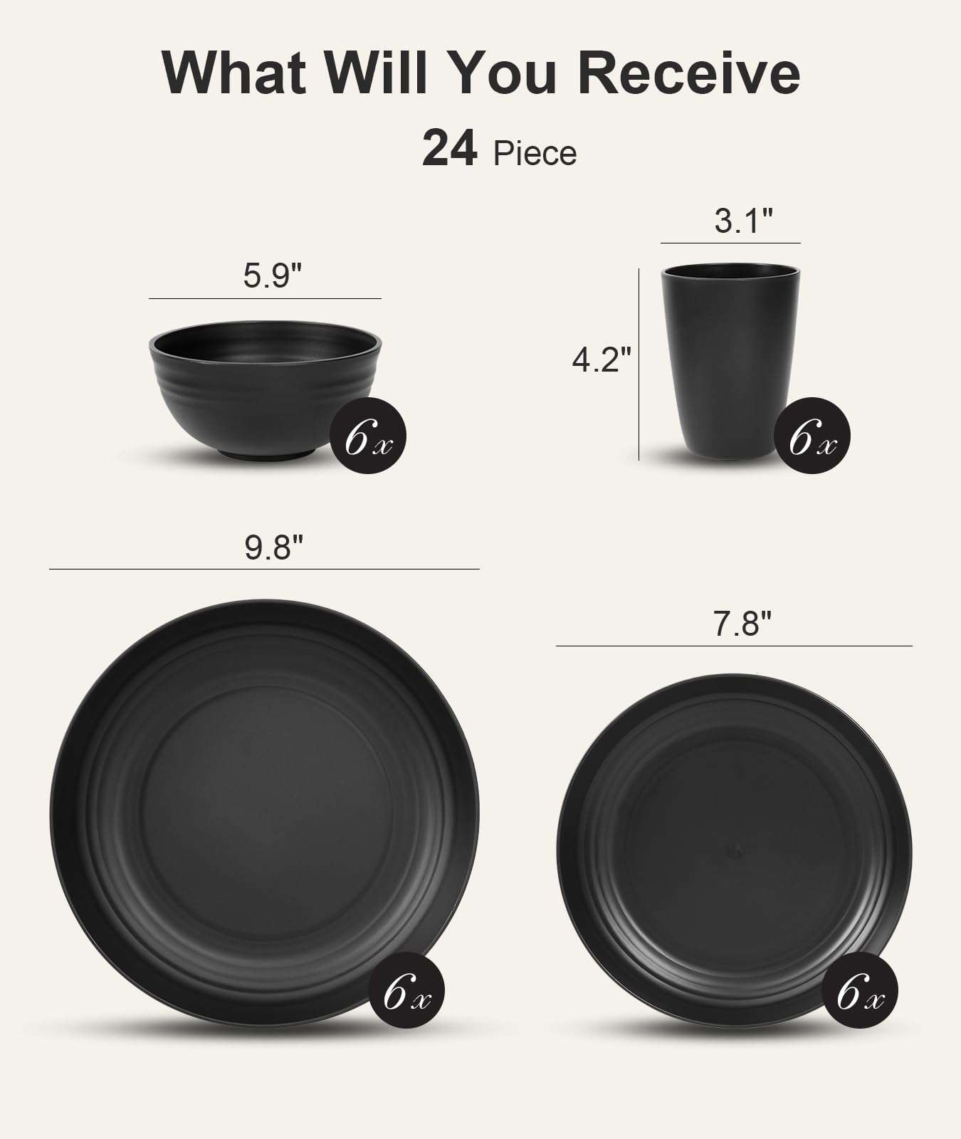Quatish 24 Piece Plates and Bowls Sets for 6, Unbreakable Dinnerware Sets, Plastic Dish Set for Camping, Dishwasher Microwave Safe, Outdoor Kitchen and Apartment Dinning RV Essentials, Black - Image 3