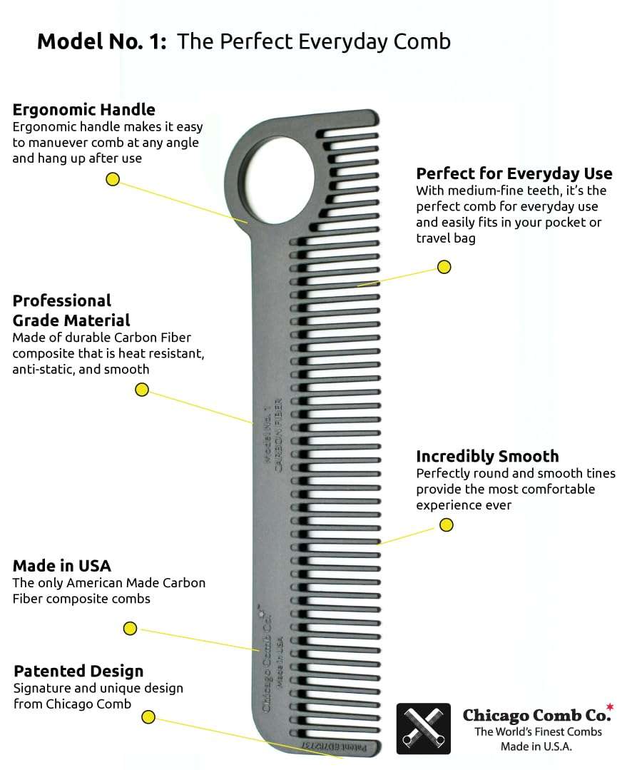 Chicago Comb Model 1 Carbon Fiber, Made in USA, smooth, strong, and light, anti-static, heat-resistant, 5.5 inches (14 cm) long, ultimate daily use, pocket, and travel comb - Image 7