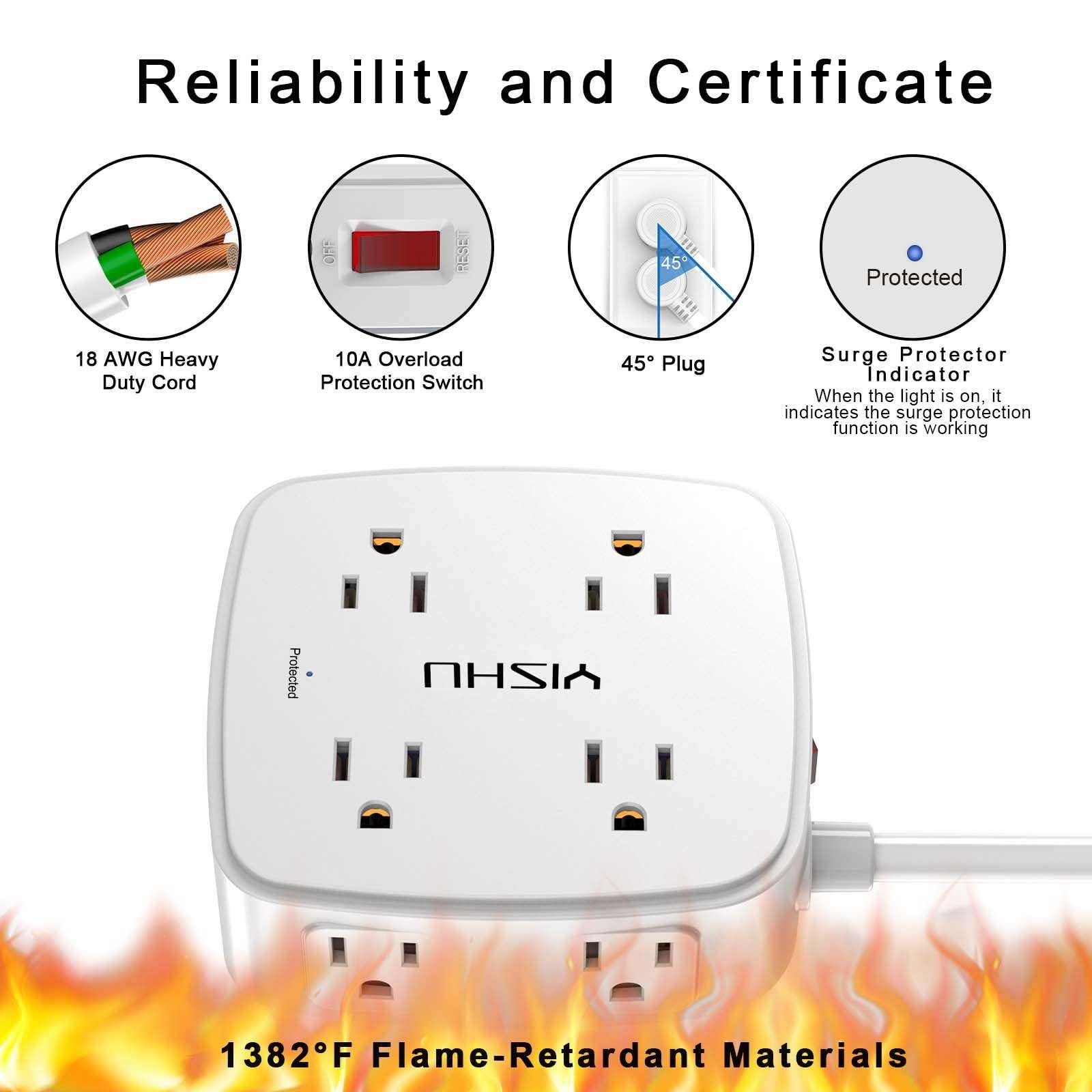 6 Ft Surge Protector Power Strip - 8 Widely Outlets with 4 USB Ports, 3 Side Outlet Extender with 6 Feet Extension Cord, Flat Plug, Wall Mount, Desk USB Charging Station, ETL,White - Image 6