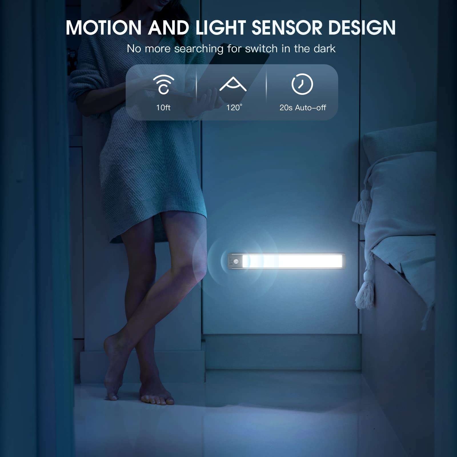 MCGOR 10inch Under Cabinet Lighting, 2 Pack Rechargeable Motion Sensor Light Indoor, 5 Levels Dimmable Magnetic Closet Lights, Wireless Under Counter Lights for Kitchen, Stairs - Image 4