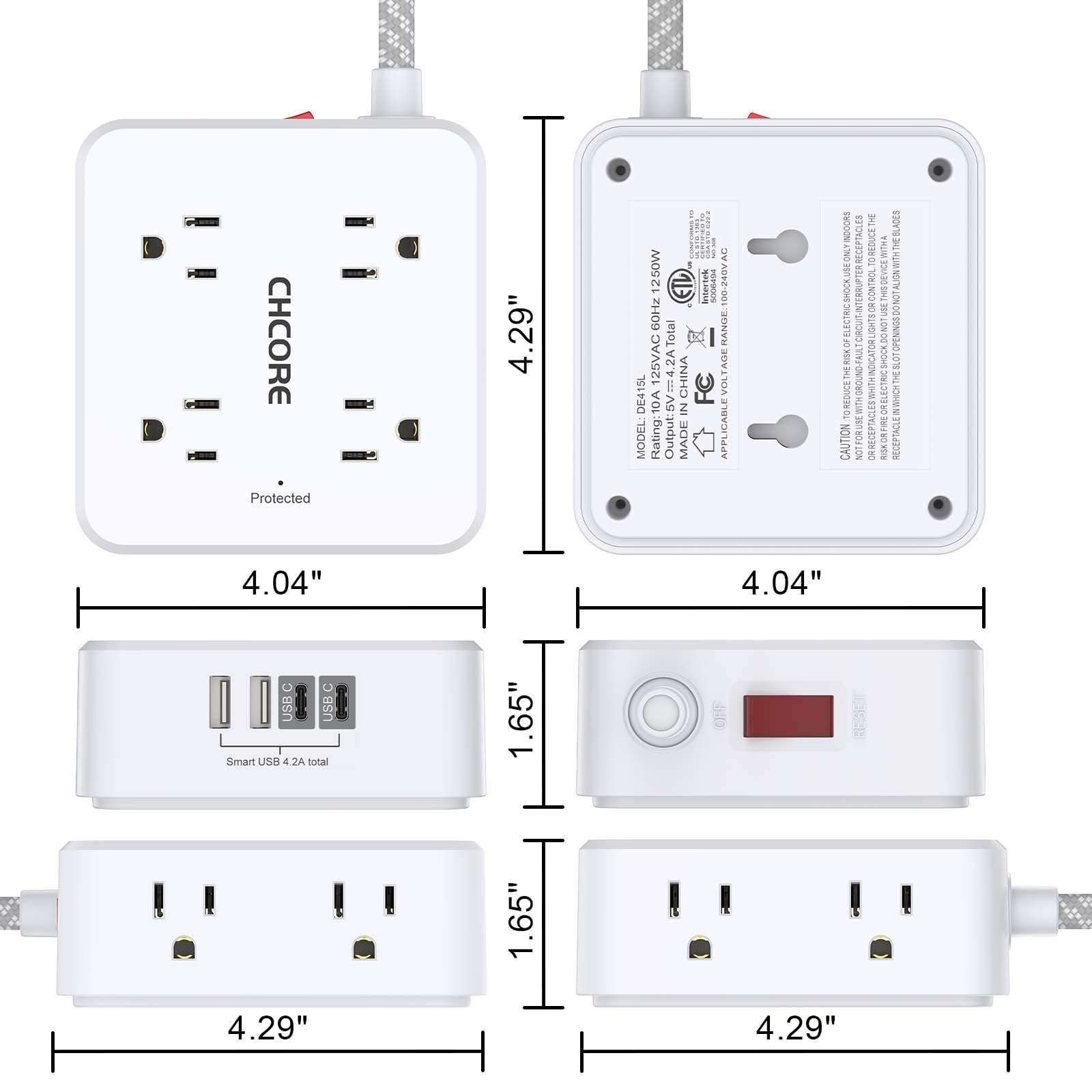 Surge Protector Power Strip - CHCORE 5Ft Braided Extension Cord with 8 Outlets with 4 USB (2 USB C) Charging Ports, Flat Plug Multi Plug Outlet Extender Charging Station for Home Office, ETL, White - Image 7