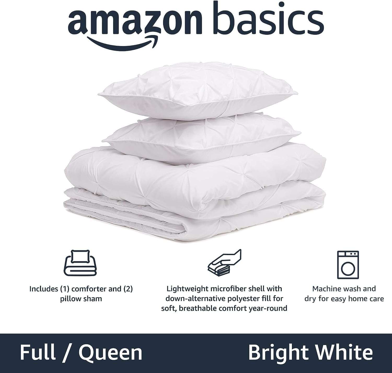 Amazon Basics Soft, Lightweight Queen Size Comforter Sets, All-Season Down-Alternative 3-Piece Bedding Set, Pinch Pleat Design, Full/Queen Size, Bright White - Image 2