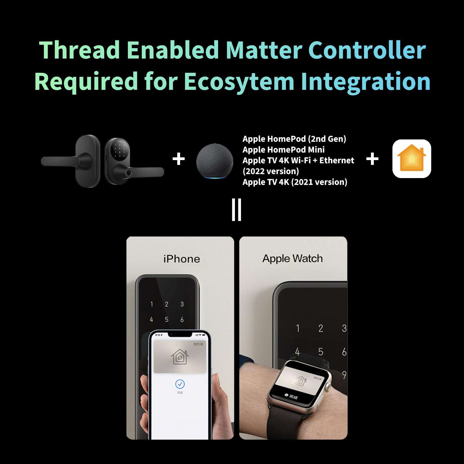 Aqara Smart Lock U300, Fingerprint Keyless Entry Door Lock with Handle, Matter Over Thread with Apple Home Keys, Touchscreen Keypad, Smart Lever Lock Supports Apple Home, Alexa, Google, IFTTT, Black - Image 4