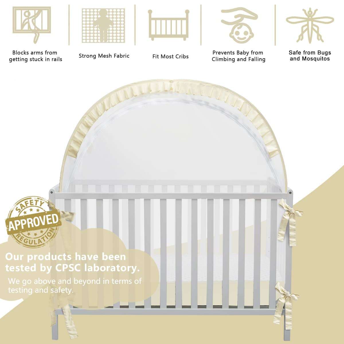 L RUNNZER Baby Safety Crib Tent, Pop Up Canopy for Crib to Stop Baby from Climbing Out, Infant Mesh Cover Mosquito Net with Sturdy Frame & Soft Mesh, Beige, (R07-beige) - Image 4