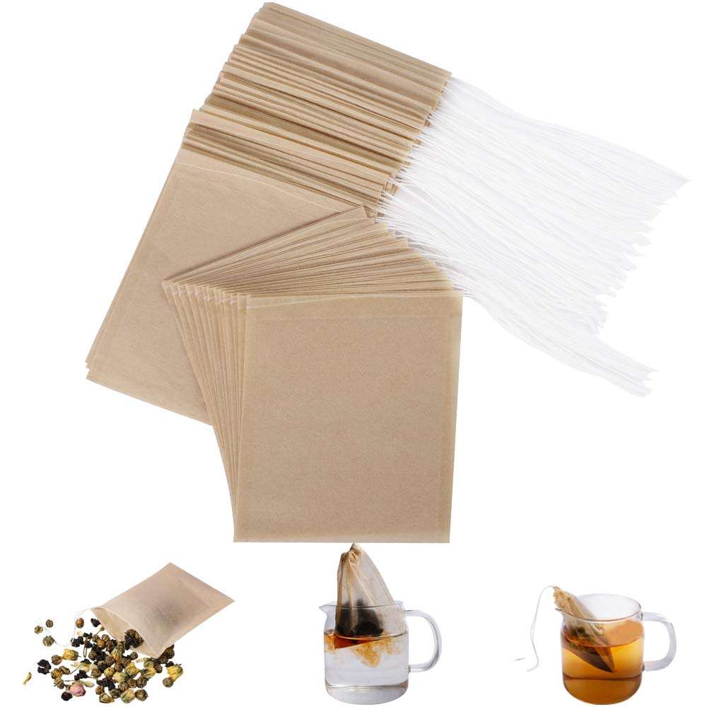 Aksuaple Eco-Fil Disposable Tea Filter Bags for Loose Tea, Wood Pulp Material, Biodegradable and Compostable, Unbleached Empty Tea Infuser Sachets with Drawstring, 100 Pack (3.2inch x 4.0inch) - Image 1