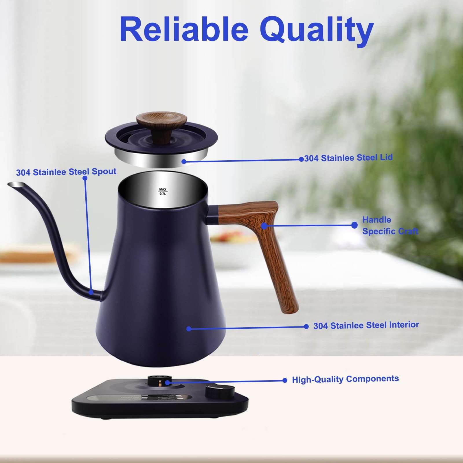 Gooseneck Electric Kettle - 1200W Quick Boil, Temp Control with 5 Presets & ±5℉ Adjustment, Accurate Pouring, 24oz Small Pour Over Coffee & Tea Kettle, 2H Auto Keep Warm, Stainless Steel, Blue - Image 6
