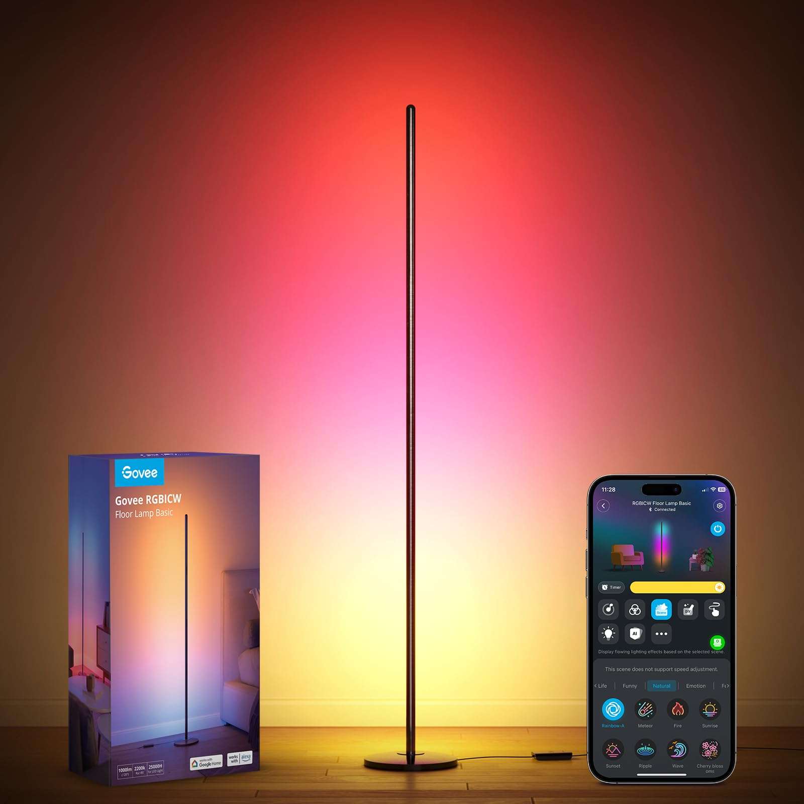 Govee RGBIC Floor Lamp Basic, LED Corner Lamp Works with Alexa, 1000 Lumen Smart Modern Floor Lamp with Music Sync and 16 Million DIY Colors, Color Changing Standing Lamp for Bedroom Living Room Black - Image 1