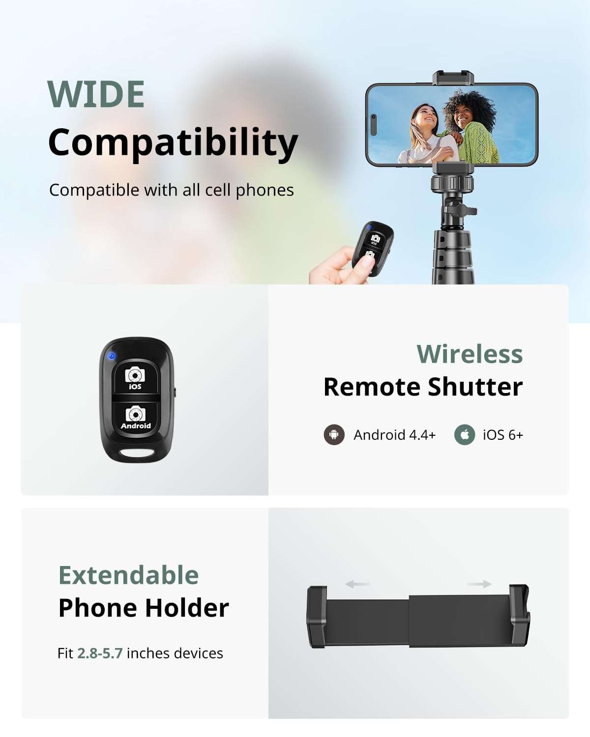 SENSYNE 62" Phone Tripod & Selfie Stick, Extendable Cell Phone Tripod Stand with Wireless Remote and Phone Holder, Compatible with iPhone Android Phone, Camera - Image 6