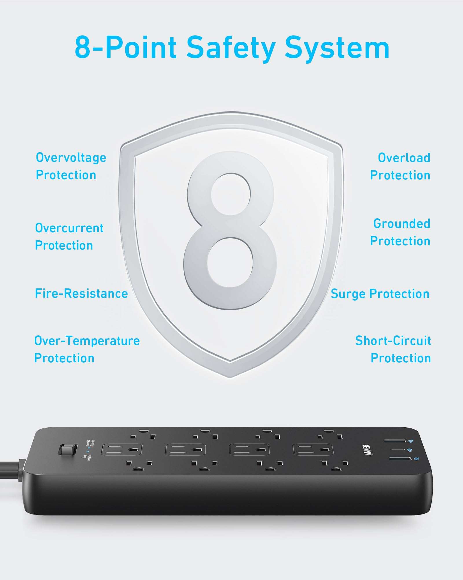 Anker Surge Protector Flat Plug Power Strip(2100J), 12 AC Outlets, 5feet Flat Extension Cord, 1USB C and 2 USB Ports for Multiple Devices, 20W Fast Charging for Home, Office, Dorm Essential, TUV - Image 5