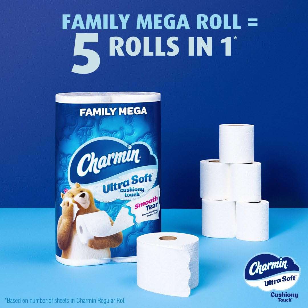 Charmin Ultra Soft Cushiony Touch Toilet Paper, 24 Family Mega Rolls = 123 Regular Rolls - Image 4