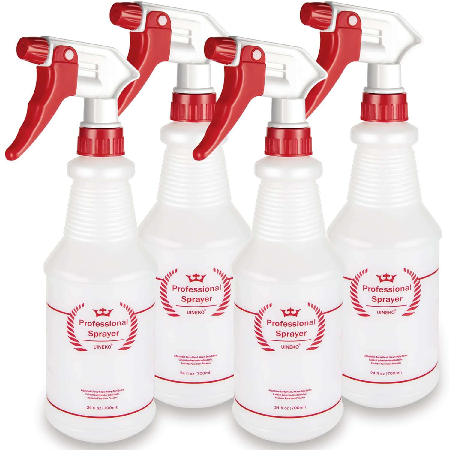 Uineko Plastic Spray Bottle (4 Pack, 24 Oz, All-Purpose) Heavy Duty Spraying Bottles Leak Proof Mist Empty Water Bottle for Cleaning Solution Planting Pet with Adjustable Nozzle and Measurements - Image 1