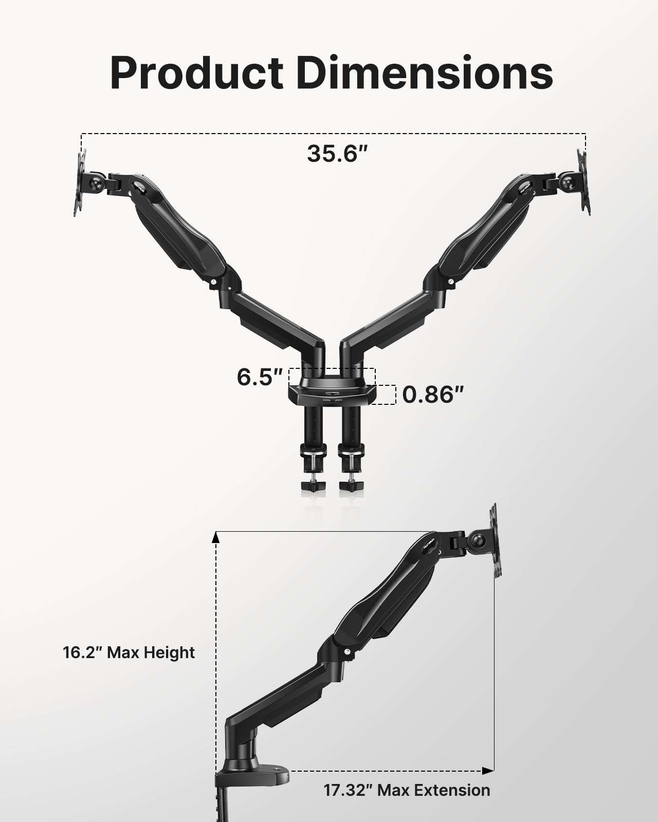 HUANUO Dual Monitor Stand - Full Adjustable Monitor Desk Mount Swivel Vesa Bracket with C Clamp, Grommet Mounting Base for 13 to 32 Inch Computer Screens - Each Arm Holds 4.4 to 19.8lbs - Image 5