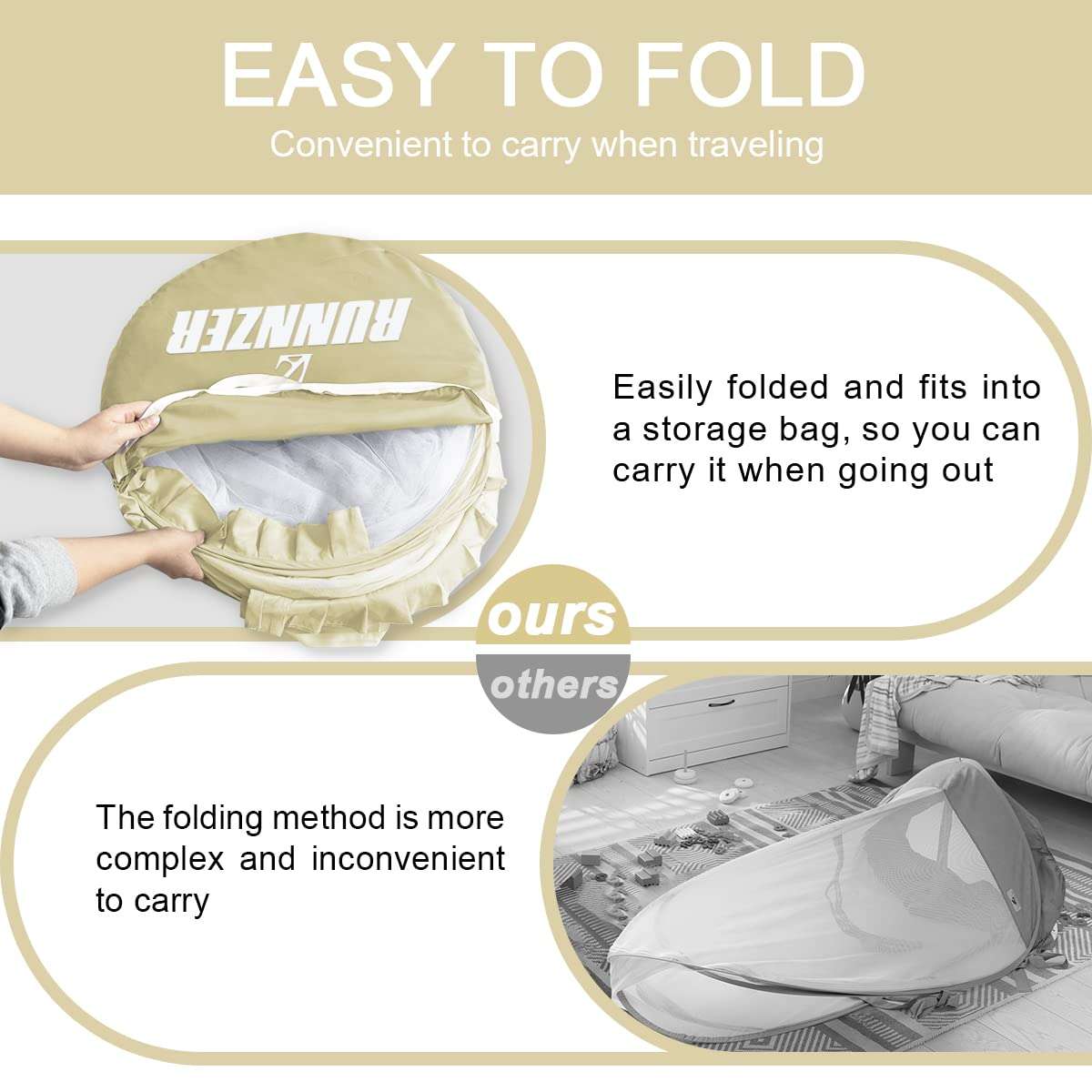 L RUNNZER Baby Safety Crib Tent, Pop Up Canopy for Crib to Stop Baby from Climbing Out, Infant Mesh Cover Mosquito Net with Sturdy Frame & Soft Mesh, Beige, (R07-beige) - Image 8