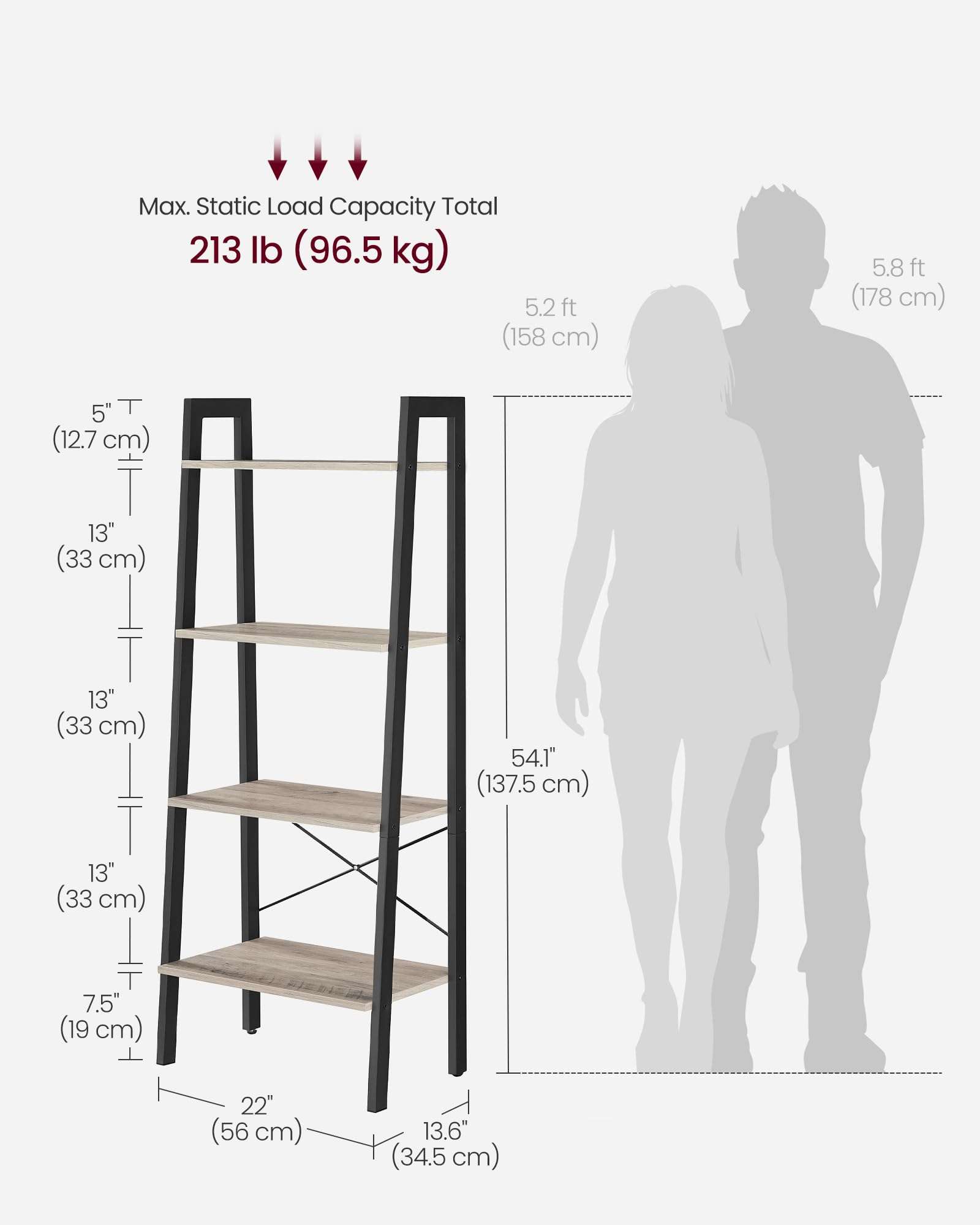 VASAGLE Ladder Shelf, 4-Tier Bookshelf, Storage Rack, Bookcase with Steel Frame, for Living Room, Home Office, Kitchen, Bedroom, Industrial Style, Heather Greige and Ink Black ULLS44MB - Image 3