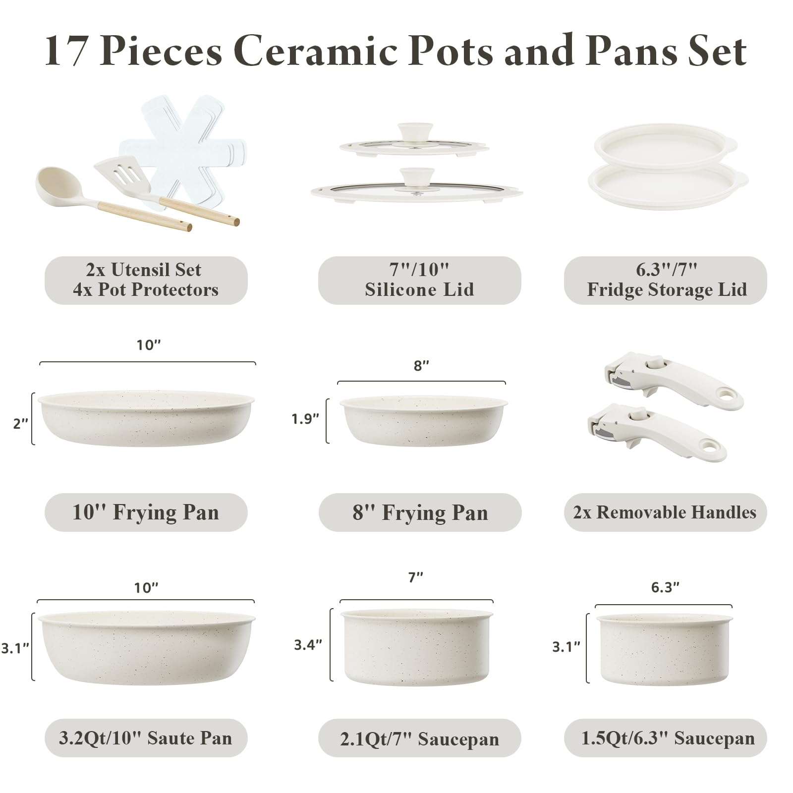 Bazova Ceramic Nonstick Cookware Set, Healthy,Non Toxic,17-Pieces Pots and Pans Set Removable Handles,Induction RV Kitchen Set,Stain & Scratch-resistant,Dishwasher/Oven Safe,PFAS/PFOA Free,Cream White - Image 2