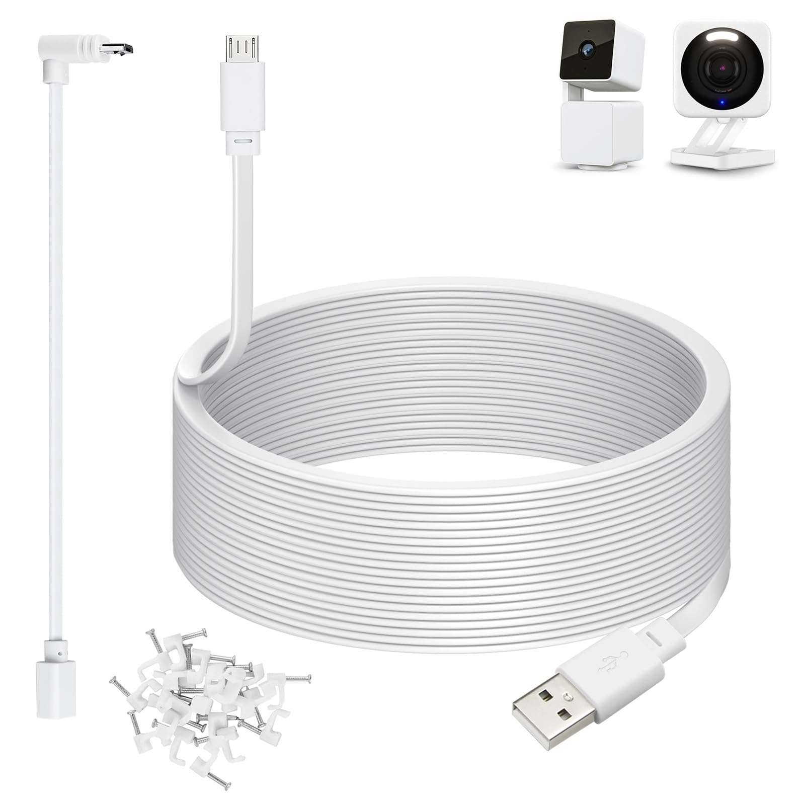50ft Power Cable for Wyze Cam v4,Wyze Cam Pan v3,Wyze OG,Wyze Cam v3 and v3 Pro Security Cameras - 15m Long Flat Extension USB to Micro USB Charging Cord with L-Shaped Adapter, White - Image 1