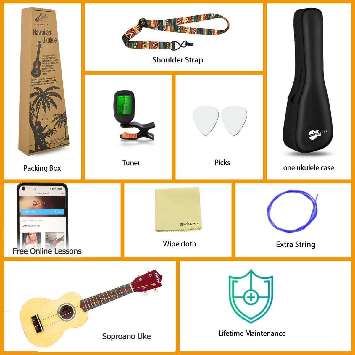 Everjoys Soprano Ukulele Beginner Pack-21 Inch w/Rainbow String Free Online Lesson Gig Bag Digital Tuner Pick All in One Kit - Image 6