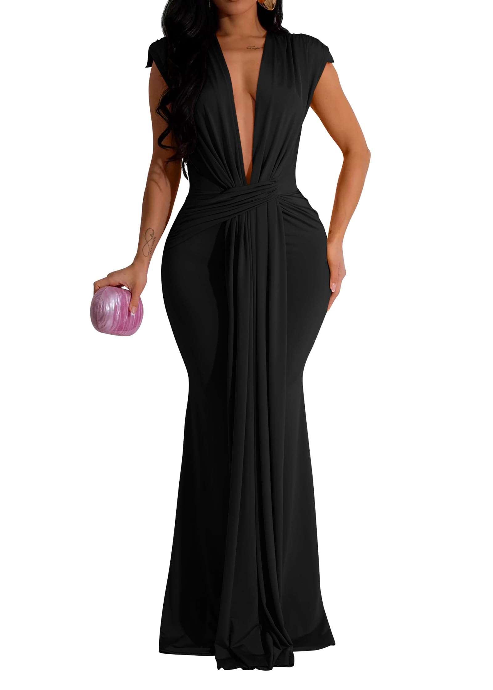 Memoriesea Women's Elegant Sleeveless Deep V Neck Bodycon Party Evening Gown Maxi Dress - Image 1