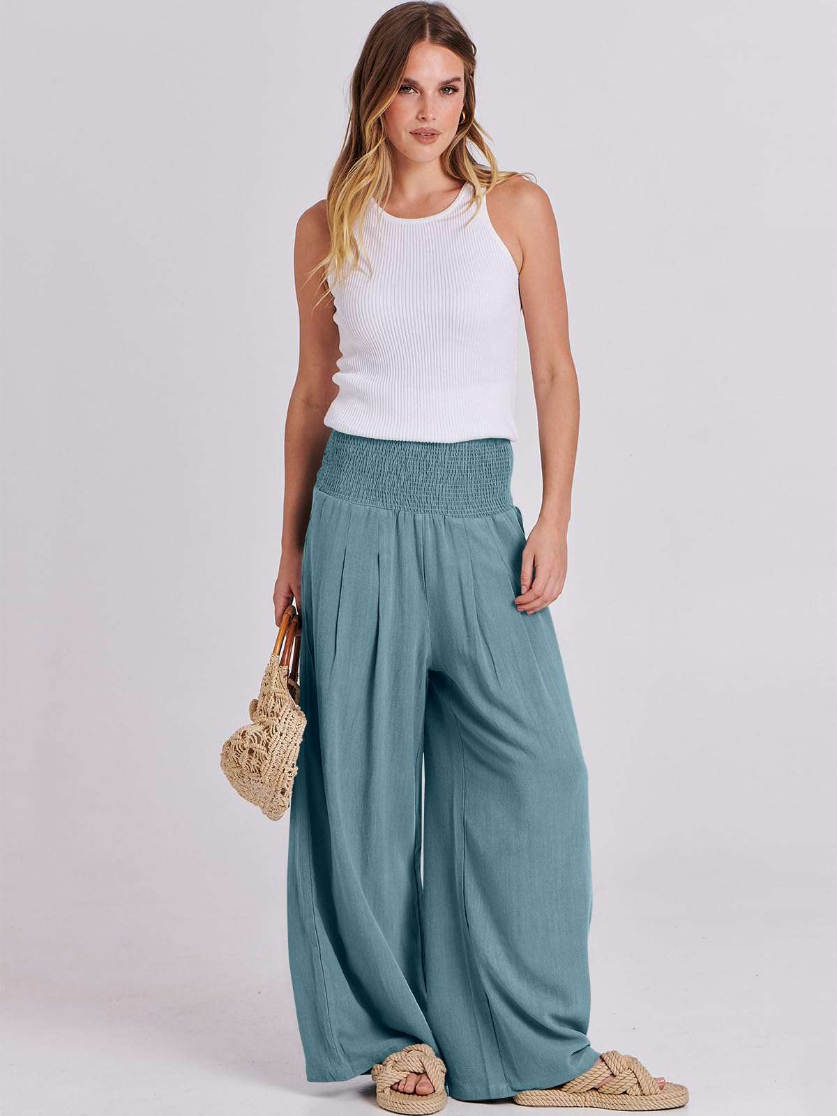 ANRABESS Women Linen Palazzo Pants Summer Boho Wide Leg High Waist Casual Lounge Pant 2025 Beach Travel Vacation Outfits - Image 5