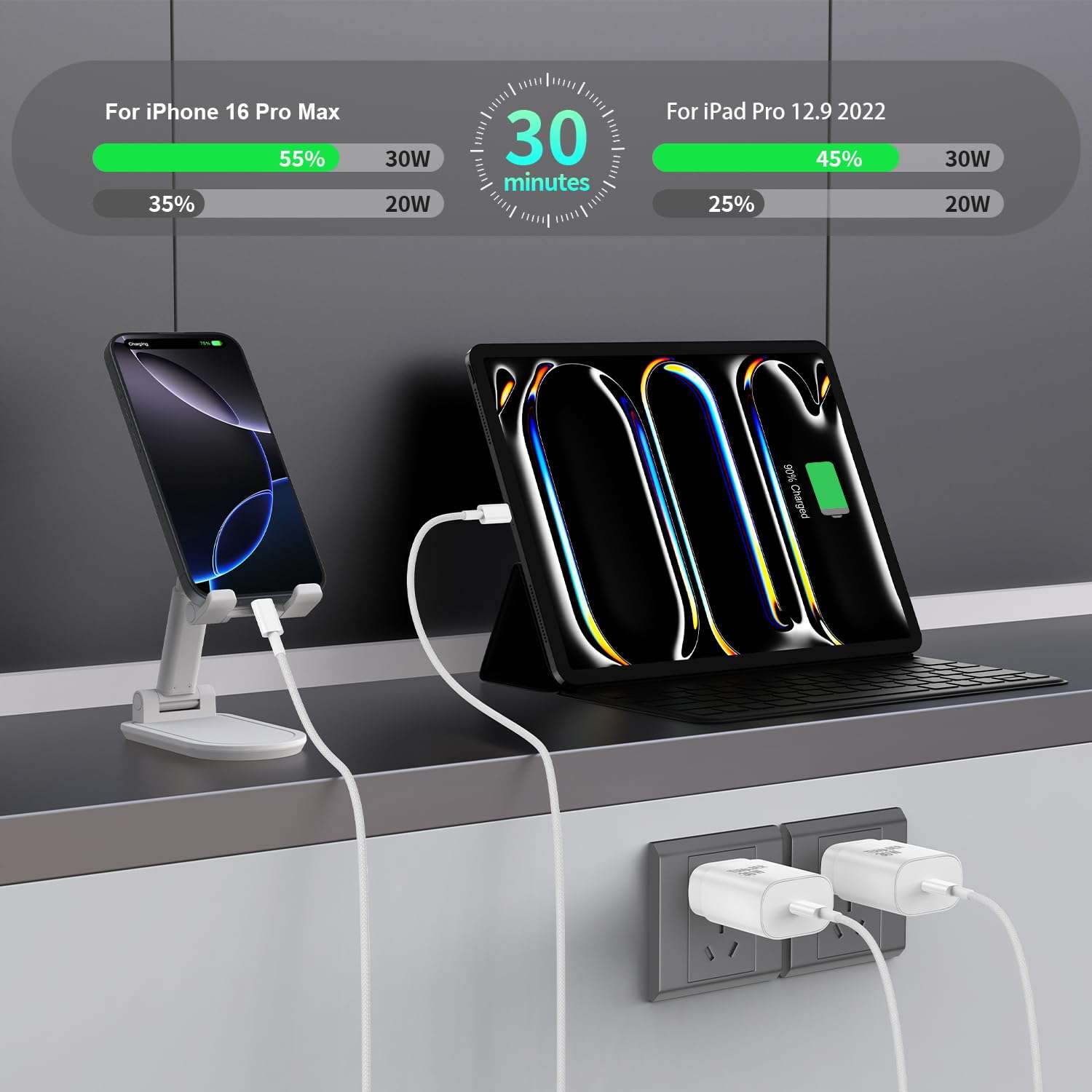 iPhone 16/15 Pro Max & Plus, 30W Fast Charging USB C Cable & Adapter, 3ft/6ft/10ft Type C Cord for iPhone & iPad Pro - Image 2