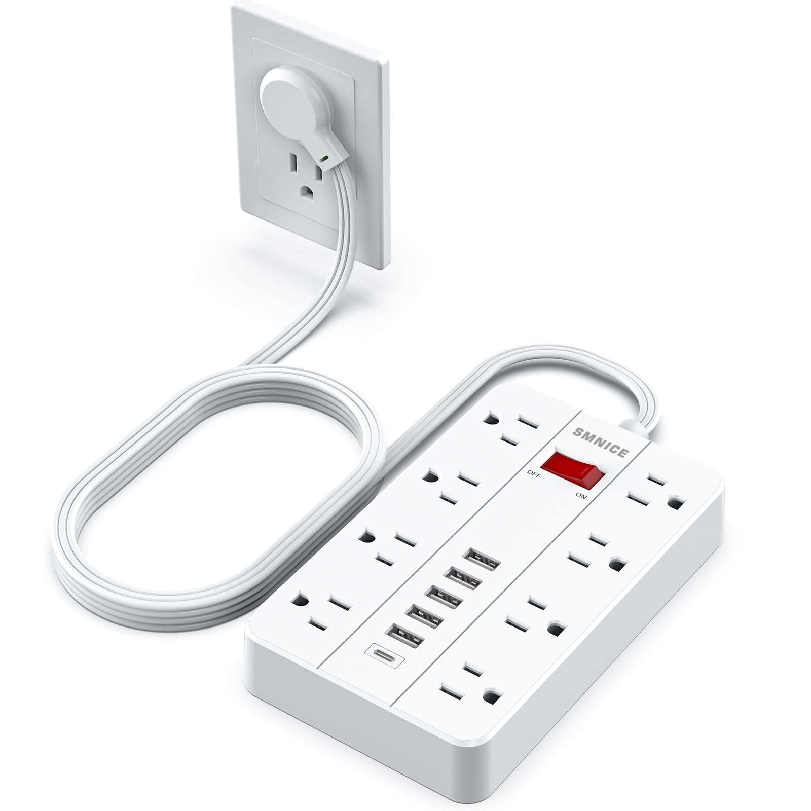 SMNICE Power Strip with USB,Surge Protector Flat Plug with 8 Widely Spaced Outlets and 6 USB Ports(1 USB C), 5ft Extension Cord Wall Mountable Phone Tablet Laptop Computer Multiple Devices - Image 1