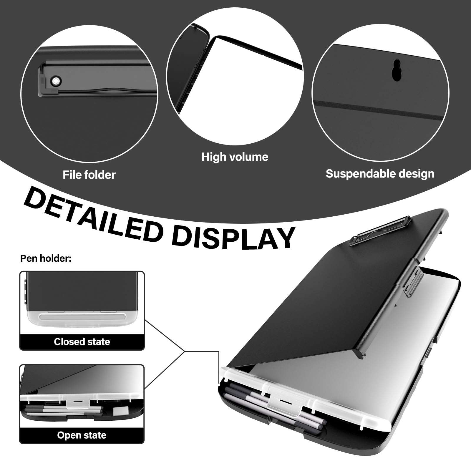 YEAHVIY Clipboard with Storage, Large Capacity Nursing Clipboards with Low Profile Clip, Heavy Duty Plastic Storage Clipboard with Pen Holder, Side-Opening (Black with Black Clip) - Image 3