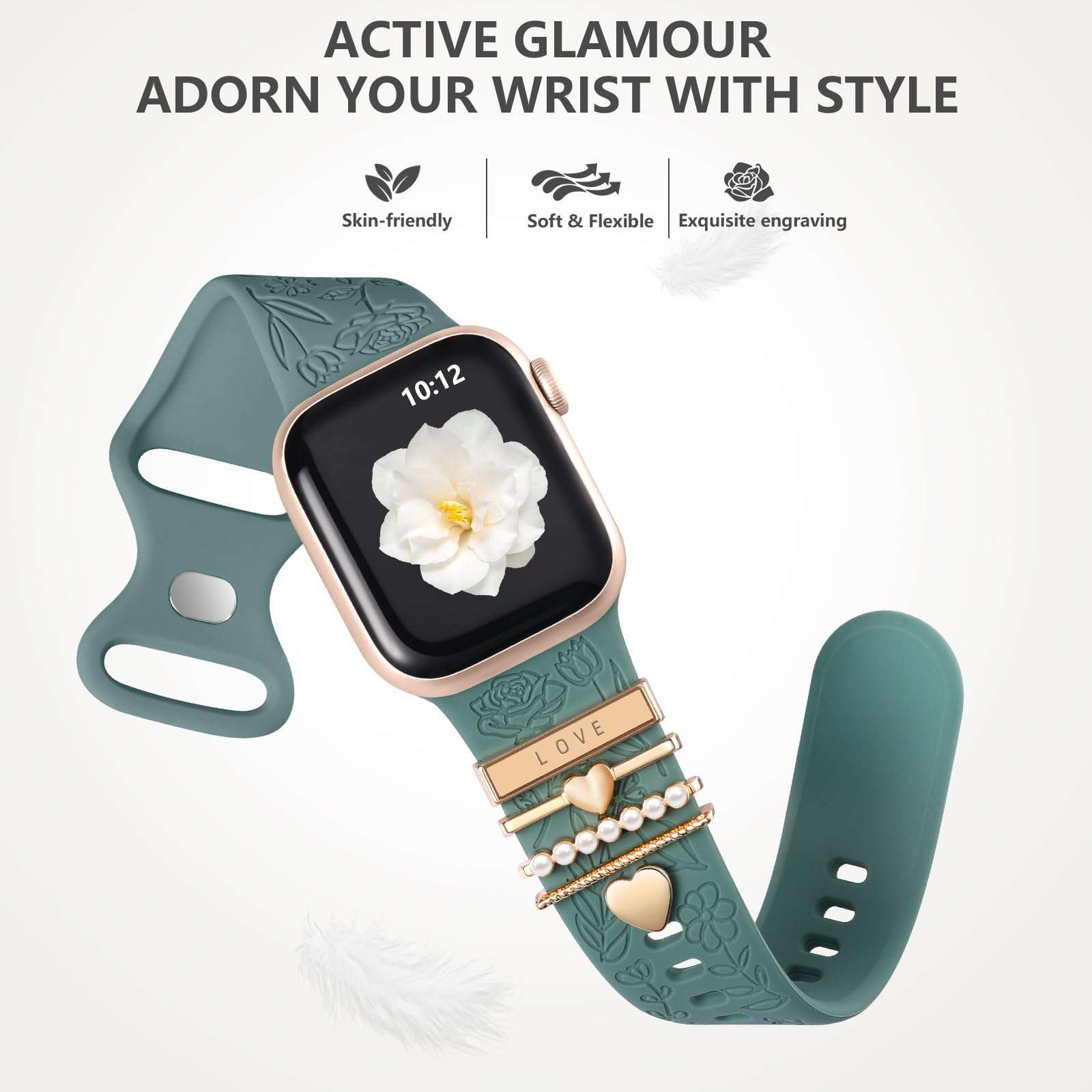 DaQin Flower Engraved Band Compatible with Apple Watch Bands for Women 40mm 38mm 41mm 42mm, Soft Silicone Band With Decorative Apple Watch Charms for iWatch Series 10 9 8 7 6 5 4 3 2 1 SE - Image 5