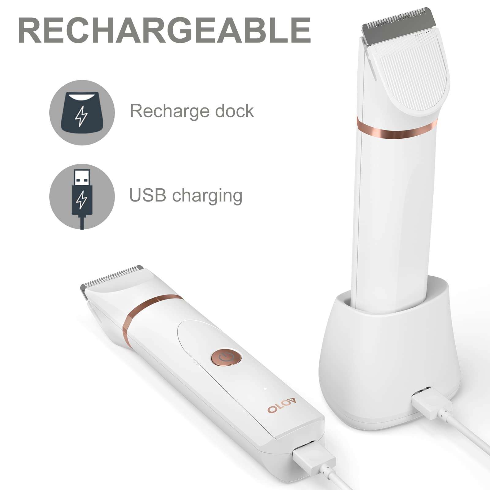 OLOV Electric Body Hair Trimmer - Groin Trimmer for Men - Bikini Trimmer Women - Wet/Dry Shaver Groomer, Replaceable Ceramic Blade Heads, USB Recharge Dock, Waterproof Hygiene Razor, White - Image 5