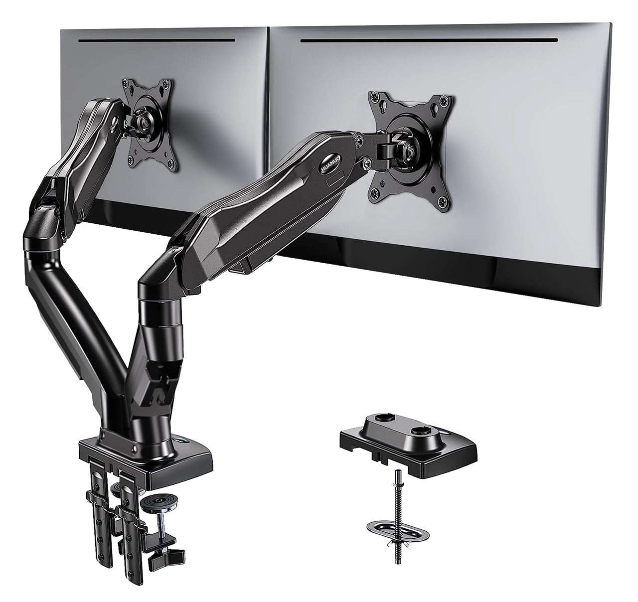 HUANUO Dual Monitor Stand - Full Adjustable Monitor Desk Mount Swivel Vesa Bracket with C Clamp, Grommet Mounting Base for 13 to 32 Inch Computer Screens - Each Arm Holds 4.4 to 19.8lbs - Image 1