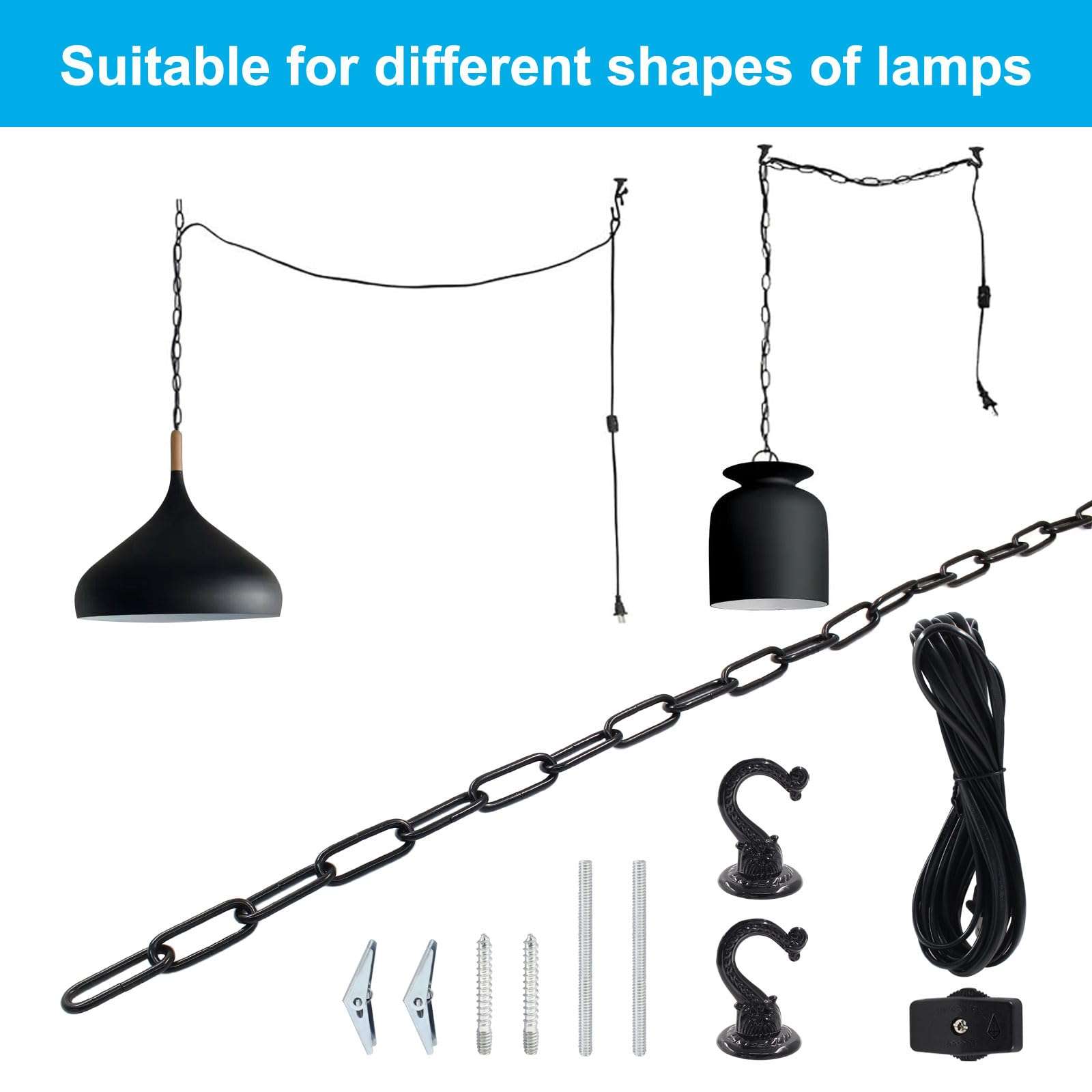 HARSKIYER Swag Light Kit with 15 Ft Chandelier Chain, 15 Ft Light Cord, Switch and 2 Swag Hooks, Black Hanging Lamp Kit for Pendant Light, Ceiling Light and Fan Light - Image 5