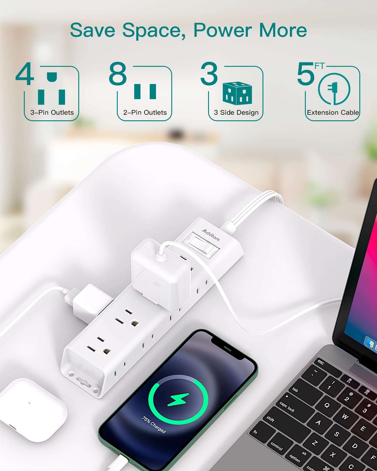Flat Plug Power Strip, Ultra Thin Flat Extension Cord - Addtam 12 Widely AC 3 Sides Multiple Outlets, 5Ft, 1050J Surge Protector, Wall Mount, Desk Charging Station for Home Office Dorm Room Essentials - Image 3