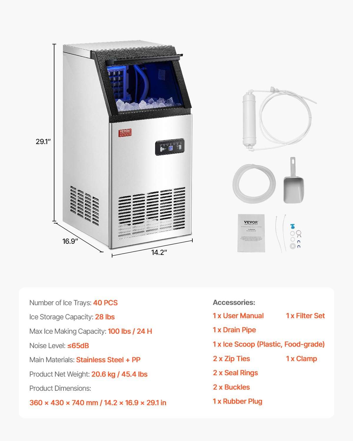 VEVOR Commercial Ice Maker, 100lbs/24H Ice Maker Machine with 28lbs Storage Capacity, 40 Ice Cubes in 15 Minutes, Freestanding Ice Maker for Bar Home Office Restaurant, LED Display, Self-Cleaning - Image 7