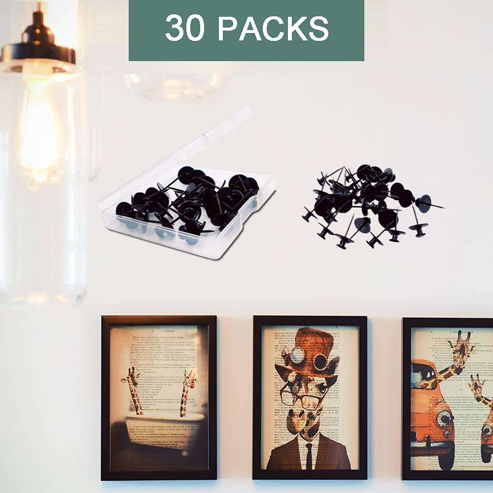 30 PCS Push Pins Picture Hangers Wall Hooks, Double Headed Thumb Tacks for Wall Hangings, Renter Friendly Decor Small Picture Frame Hangers for Drywall Cork Board Home Office Photo Decorations(Black) - Image 2