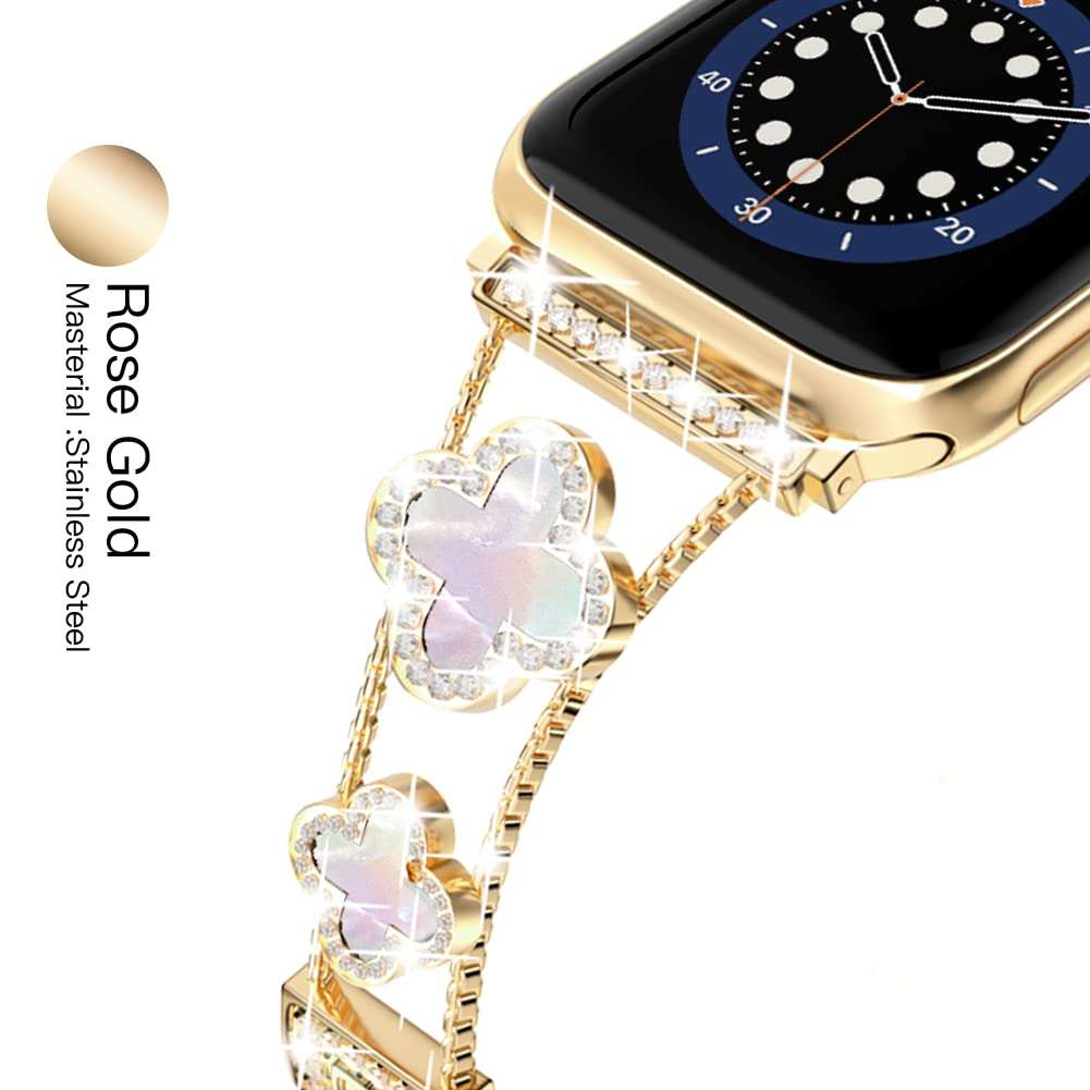 Musk-MSKR Diamond Metal Bands Add Sparkle to Your Watch For Apple Watch Series 10/9/8/7/6/5/4/3/2/1SE/Ultra Clover Simple and Stylish Compatible with 38mm40mm41mm42mm44mm45mm 46mm49mm Women's Wear - Image 3
