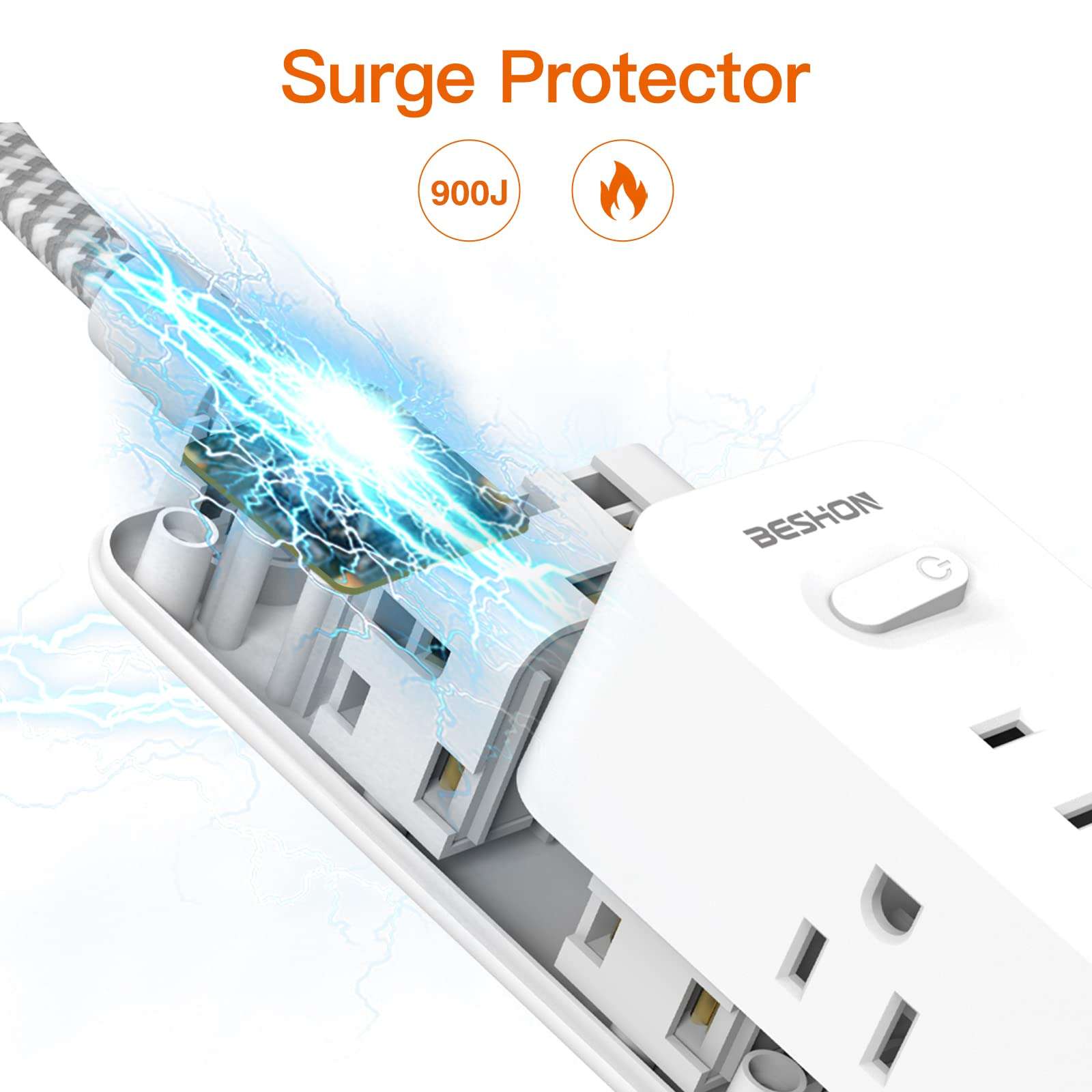 Power Strip Surge Protector, BESHON 5Ft Extension Cord, 6 Outlets with 3 USB Ports(1 USB C Outlet), 3-Side Outlet Extender, Wall Mount, Compact for Travel, Home, School, College Dorm Room and Office - Image 7
